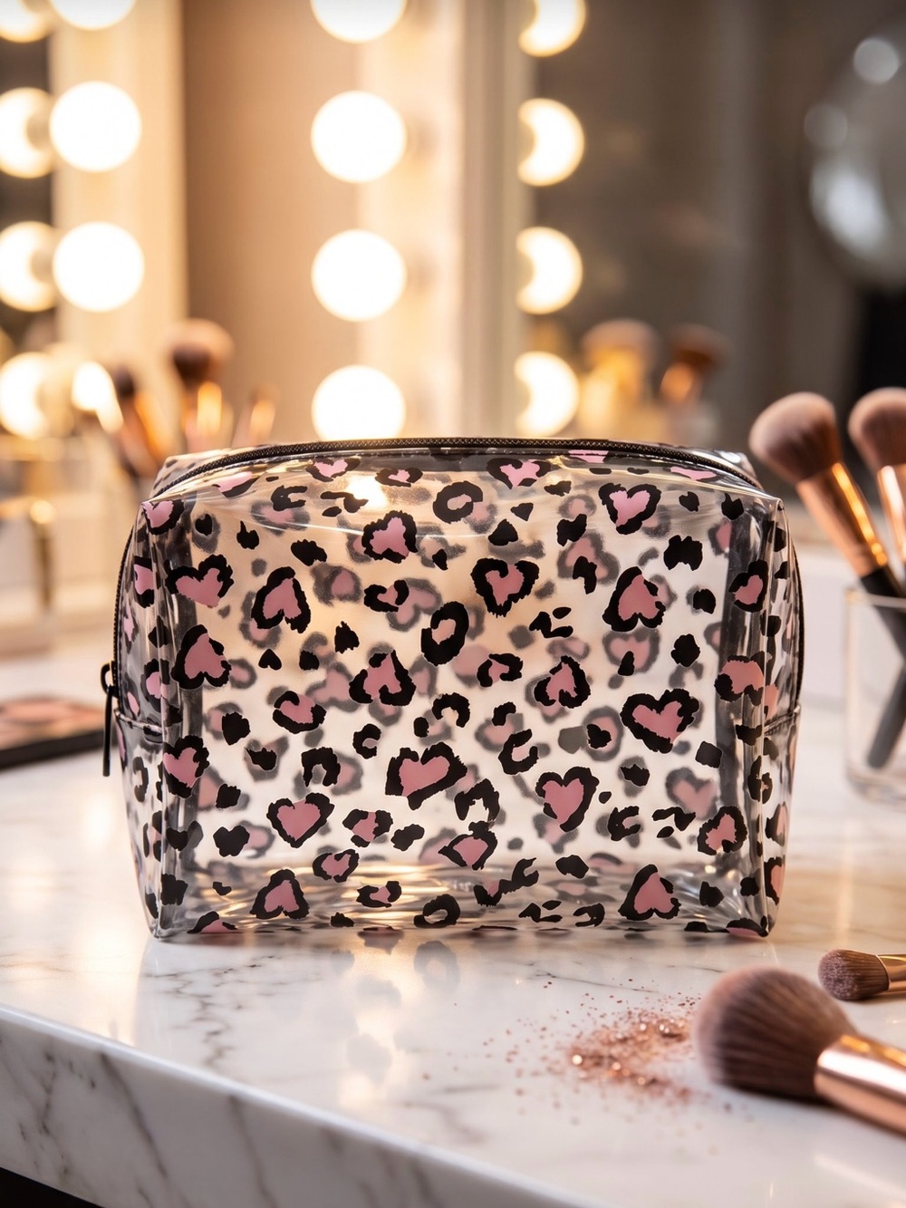 Clear Pink Leopard Print Cosmetic Bag - Women Bags